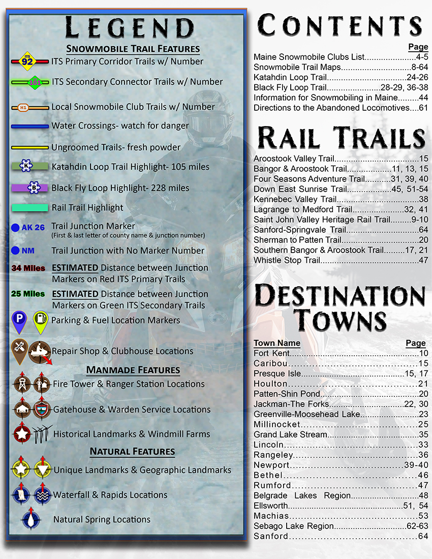 2025 2026 Maine Snowmobile Trail Map Atlas Legend & Contents