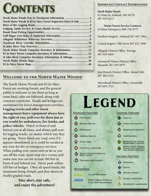 North Maine Woods Contents & Legend